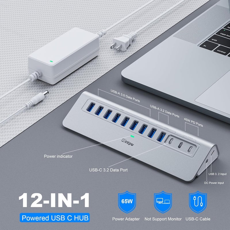 intpw YH9AC Powered USB Hub 10Gbps, 12 Port USB C Hub with 10Gbps USB C 3.2+2 USB A 3.2, 7 USB 3.0, 2 PD 45W Charging Port, 65W Power Adapter + 3.3FT Cable, Aluminum USB Hub for Laptop/iPhone 17/16/PC - Image 2